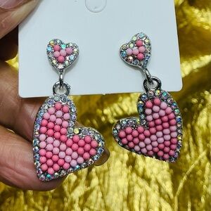 Pink Beaded Heart Drop Earrings | Rhinestone Valentine Statement Earrings